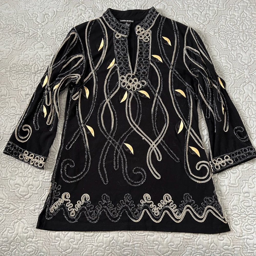 Lauren Michelle striking black & gold braided top, size small